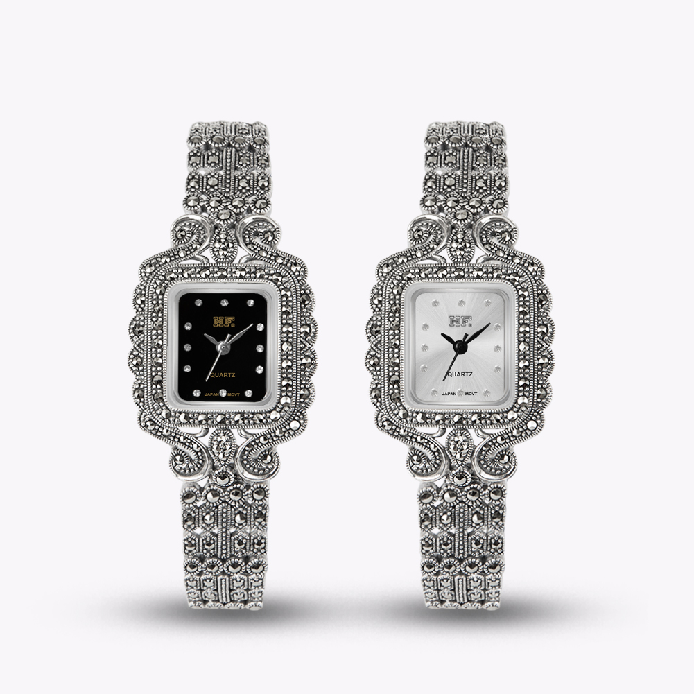 Luxury Watch Thailand - นาฬิกาข้อมือหรูหราทำจากเงินแท้ 925 ของไทย ประดับด้วยมาร์คาไซต์ เครื่องประดับนาฬิกาควอตซ์สำหรับผู้หญิง เครื่องประดับชั้นดี