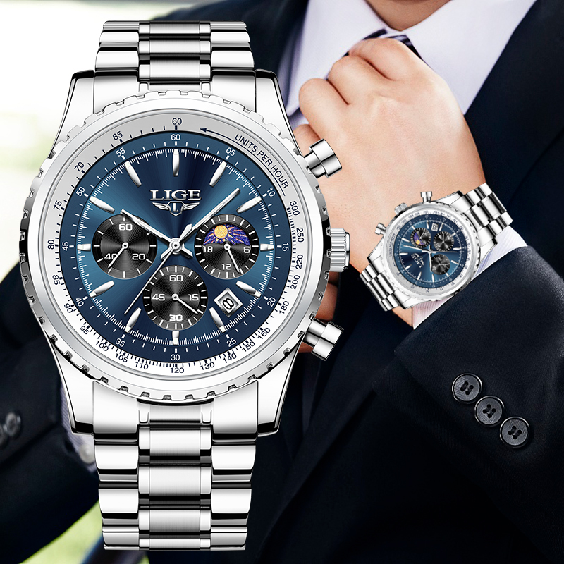Luxury Watch Name - นาฬิกาควอทซ์หรูหราแบรนด์ Lige สำหรับผู้ชายเฟสดวงจันทร์นาฬิกาข้อมือสแตนเลสสำหรับผู้ชายลำลองวันที่กันน้ำสำหรับกีฬาพิเศษ