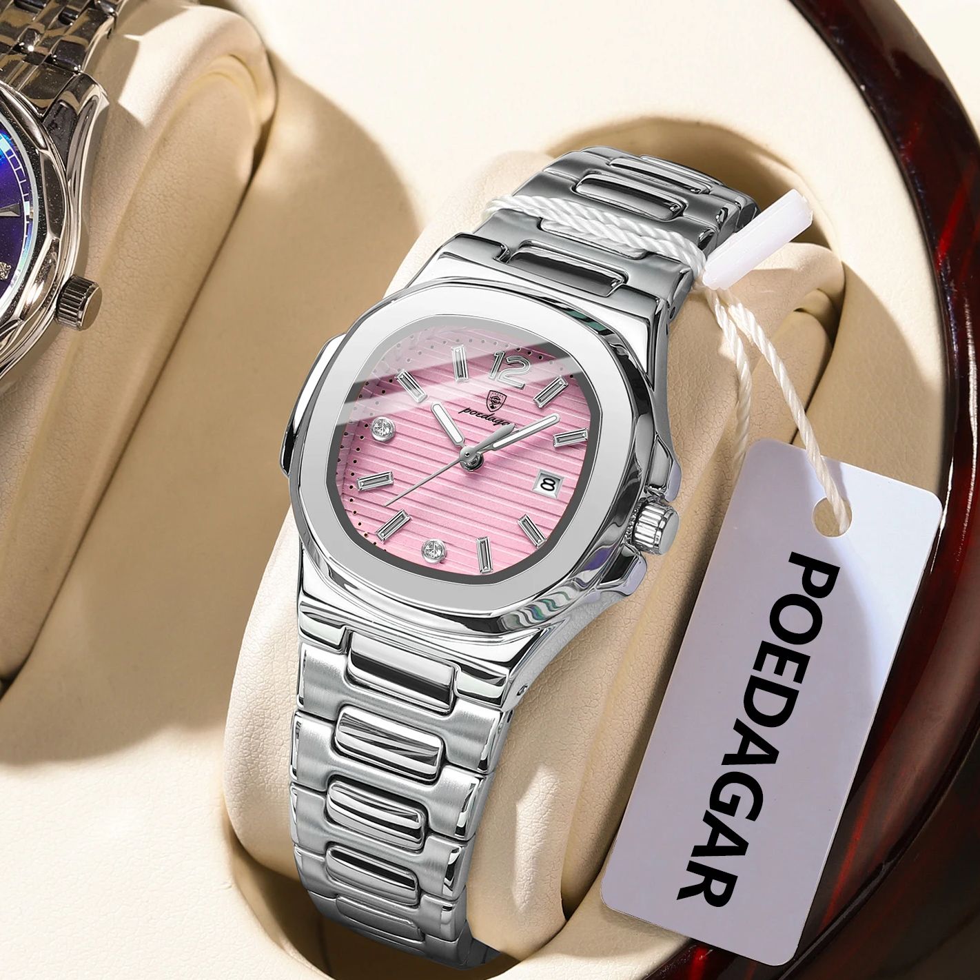 Luxury Watch Ladies - นาฬิกาข้อมือผู้หญิง POEDAGAR สี่เหลี่ยมแฟชั่น เรืองแสง กันน้ำ แสดงวันที่