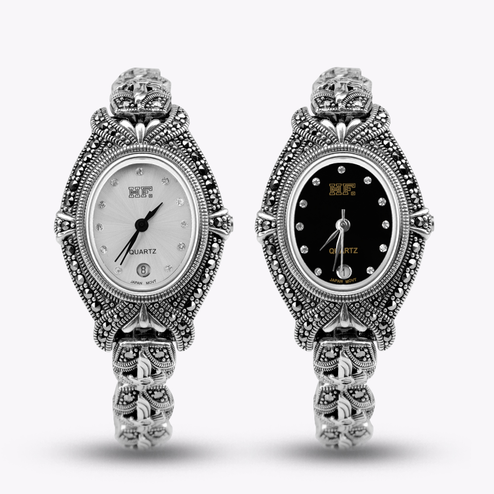 Luxury Watch Thailand - นาฬิกาข้อมือหรูหราสำหรับผู้หญิง ทำจากเงินแท้ 925 พร้อมประดับมาร์คาไซต์ ดีไซน์ทรงวงรี เครื่องประดับคุณภาพสูง