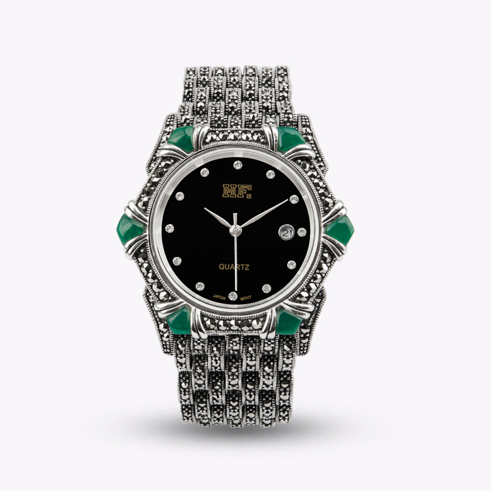 Luxury Watch Thailand - นาฬิกาควอตซ์สำหรับผู้หญิง ตัวเรือนเงินแท้ 925 ประดับด้วยออนิกซ์สีเขียวและมาร์คาไซต์ เครื่องประดับหรูหรา สไตล์วินเทจ