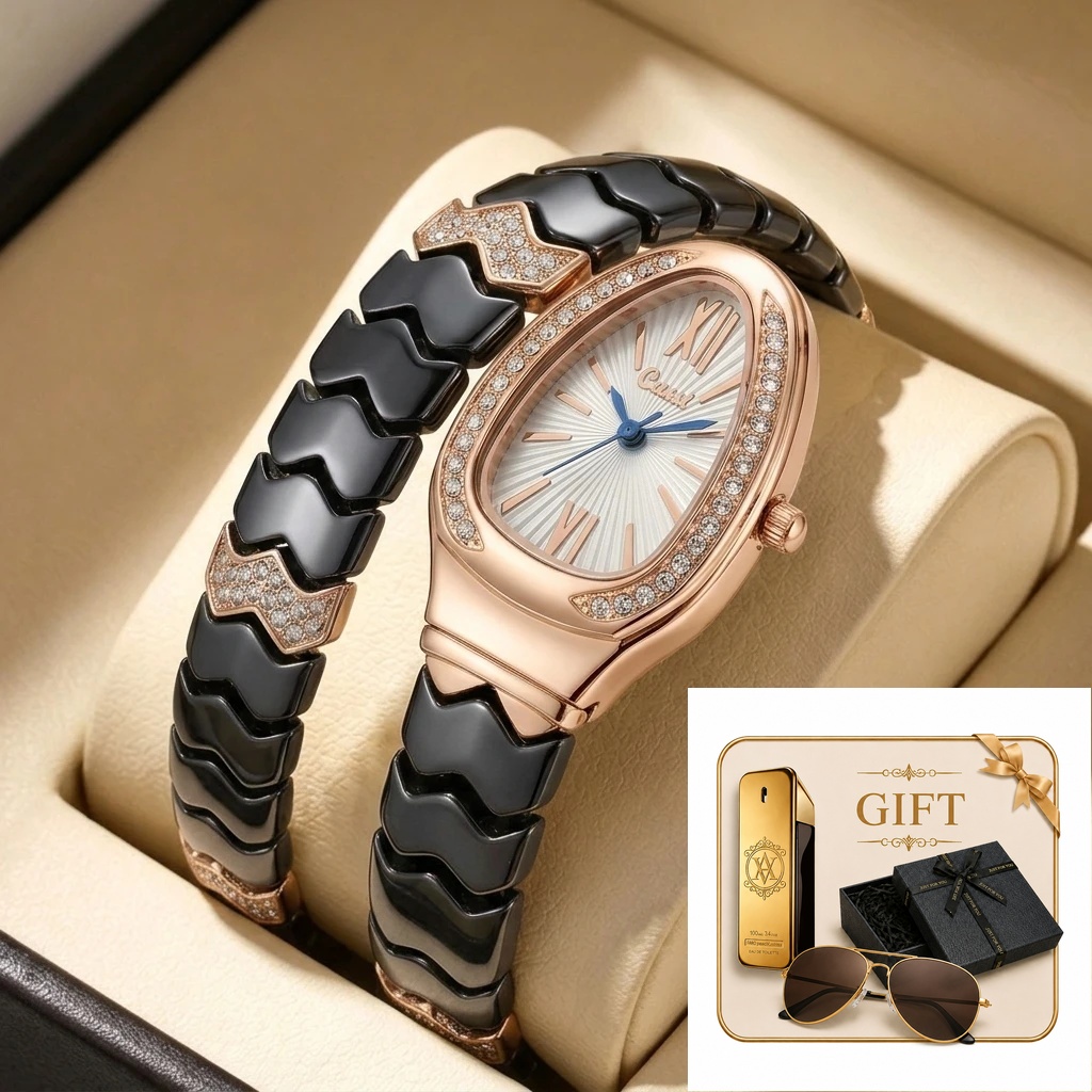 Luxury Watch Gold And Black - ชุดของขวัญนาฬิกาควอตซ์เซรามิกสีดำและโรสโกลด์ 4 เรือน สำหรับสุภาพสตรี ประดับเพชร ดีไซน์หรูหราทันสมัย