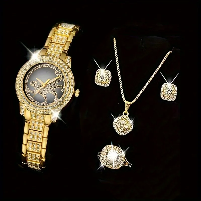 Luxury Watch Gift For Her - นาฬิกาข้อมือผู้หญิงลายเสือชีตาห์ 5 ชิ้น/ชุด นาฬิกาควอตซ์หรูหราประดับเพชรเทียม พร้อมชุดเครื่องประดับ ของขวัญสำหรับคุณแม่หรือเธอ