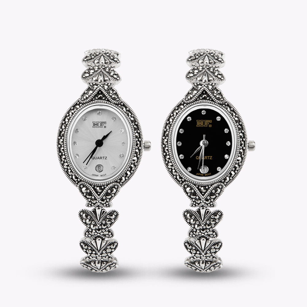 Luxury Watch Thailand - นาฬิกาข้อมือหรูหราสไตล์ผีเสื้อทำจากเงินแท้ 925 ประดับมาร์คาไซต์ ของไทย นาฬิกาควอตซ์สำหรับผู้หญิง พร้อมสายข้อมือ