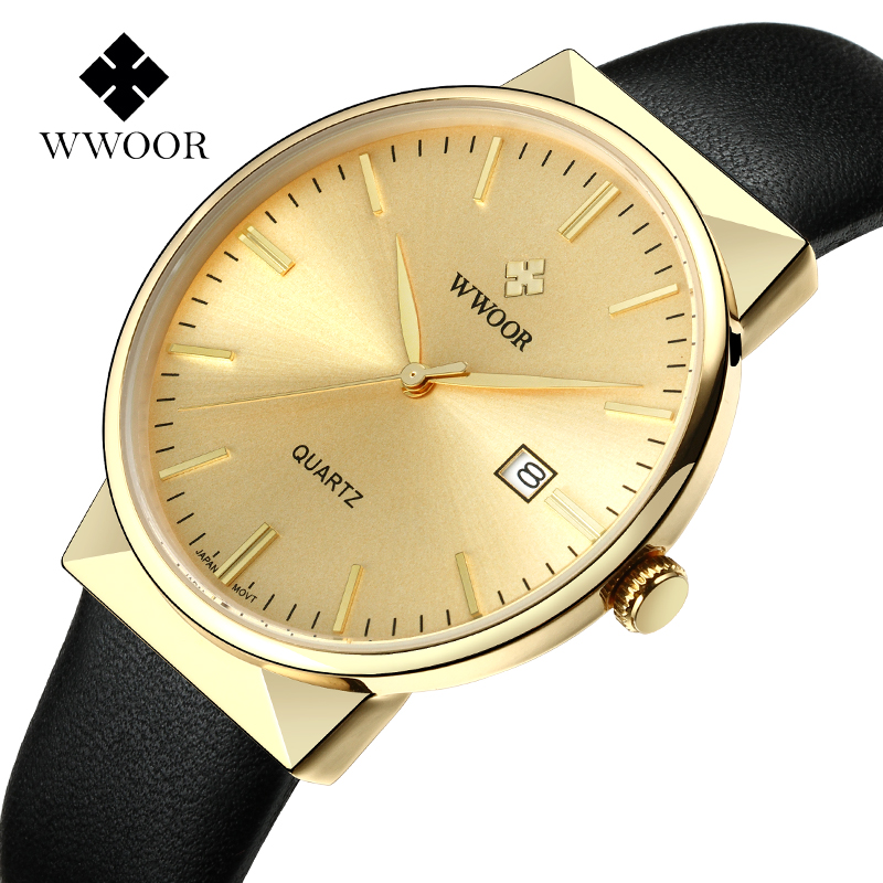 Luxury Watch Gold And Black - WWOOR นาฬิกาผู้ชายแบรนด์หรูกันน้ํานาฬิกาข้อมือหนังแท้ผู้ชายคลาสสิกทองสีดําวันที่นาฬิกาควอตซ์ saat erkek