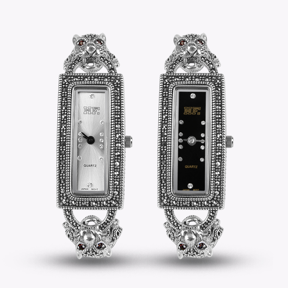 Luxury Watch Thailand - นาฬิกาข้อมือเงินแท้ 925 ประดับมาร์คาไซต์ ดีไซน์หรูหรา ลายเสือดาว สำหรับผู้หญิง