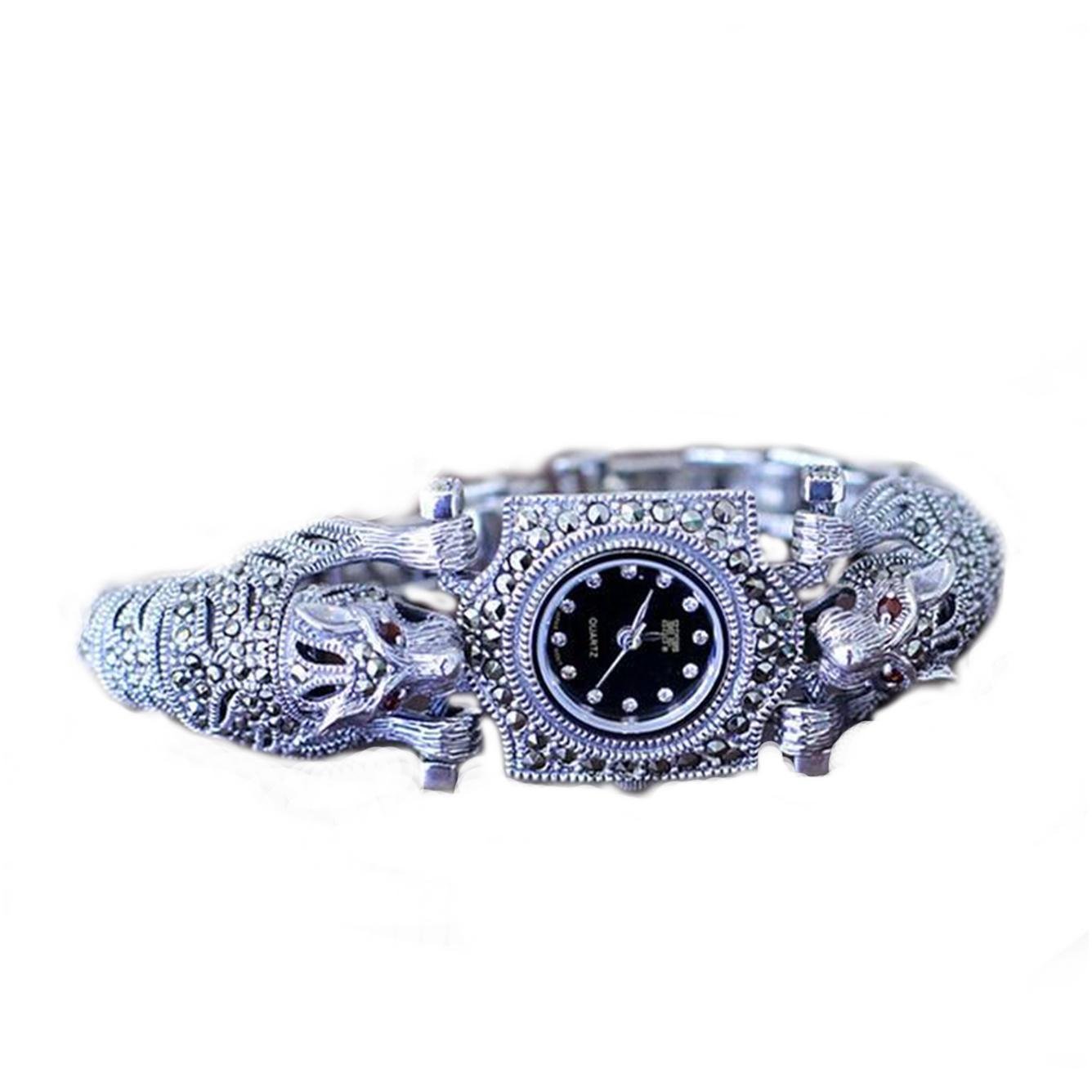 Luxury Watch Thailand - นาฬิกาข้อมือหรูหราทำจากเงินแท้ 925 ของไทย ประดับด้วยมาร์คาไซต์ สายนาฬิกาลายเสือดาว นาฬิกาควอตซ์สำหรับผู้หญิง