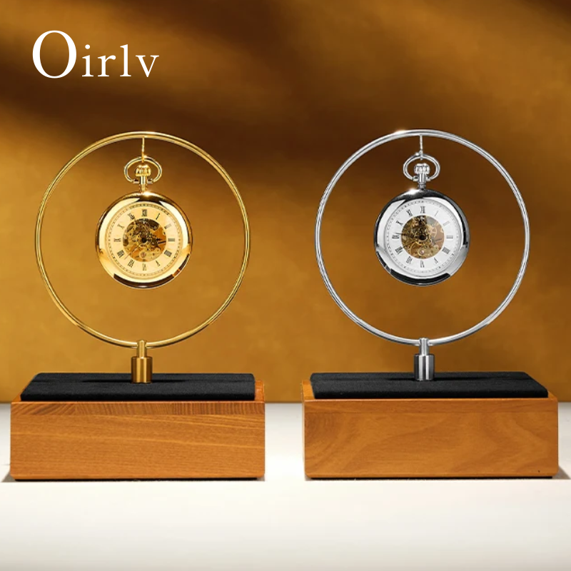 Luxury Watch Stand - Oirlv แท่นวางนาฬิกาพกสุดหรู วงแหวนโลหะสีทองและฐานไม้เนื้อแข็ง ที่วางตั้งโต๊ะสุดหรูสำหรับนาฬิกาพกแบบกลไก