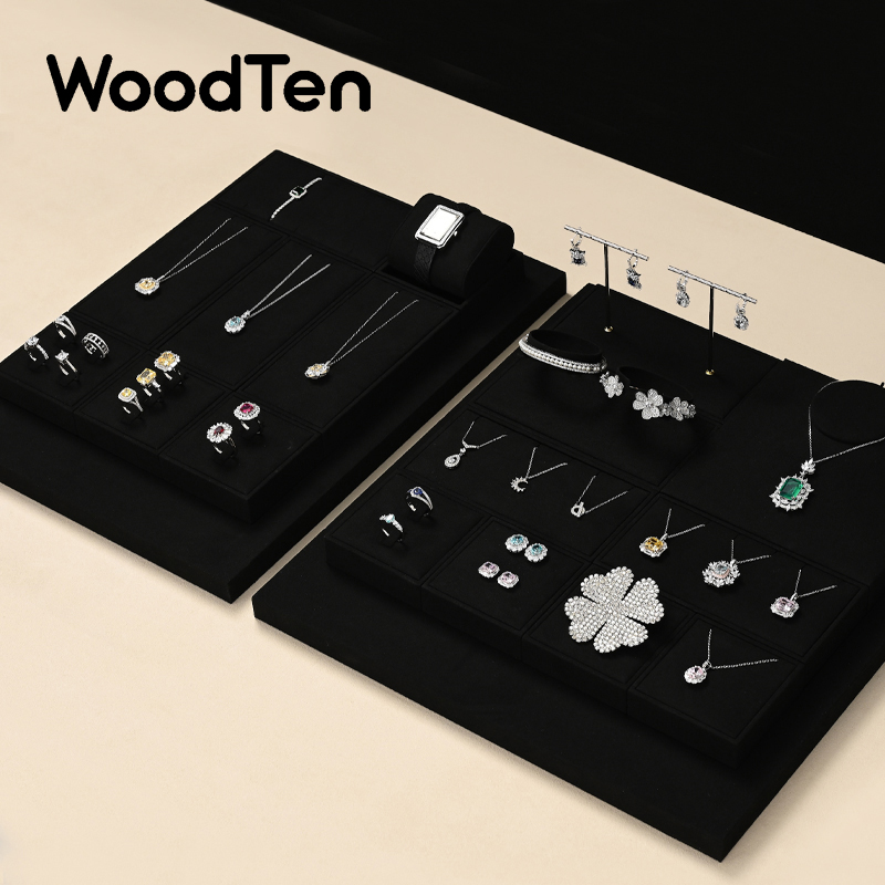 Luxury Watch Stand - WoodTen หรูหราเครื่องประดับยืนแสดงไมโครไฟเบอร์สีดําต่างหูสร้อยคอนาฬิกาแหวนเคาน์เตอร์นิทรรศการเครื่องประดับ Props