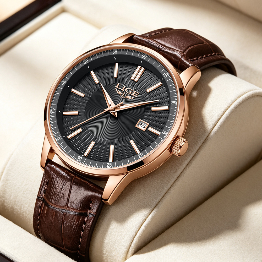 Luxury Watch Collection Box - นาฬิกาข้อมือผู้ชายแบรนด์หรู LIGE รุ่นยอดนิยม สายหนัง ระบบควอตซ์ กันน้ำ