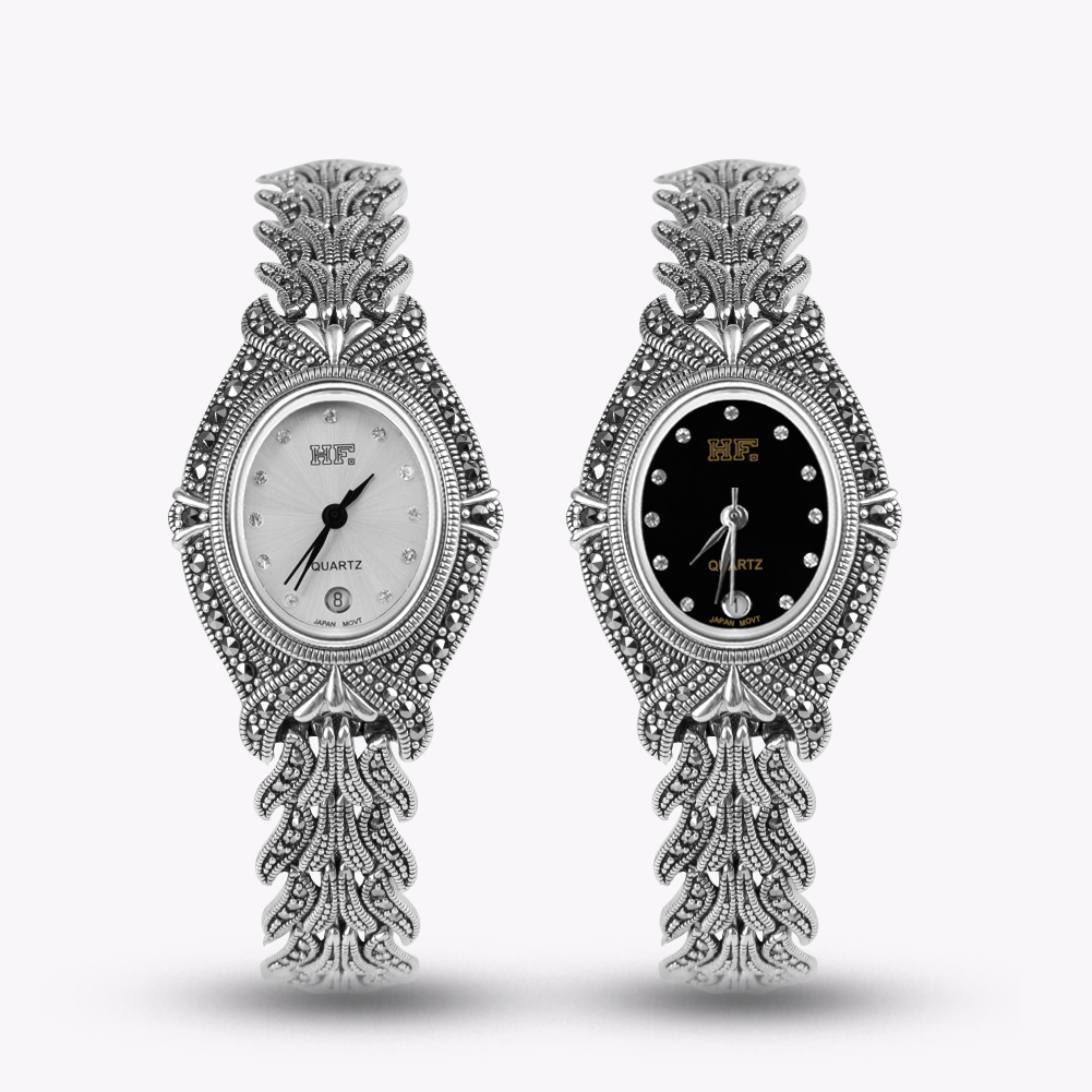 Luxury Watch Thailand - นาฬิกาข้อมือผู้หญิงแบบควอตซ์ ดีไซน์หรูหรา ตัวเรือนเงินแท้ 925 จากประเทศไทย ประดับด้วยมาร์คาไซต์