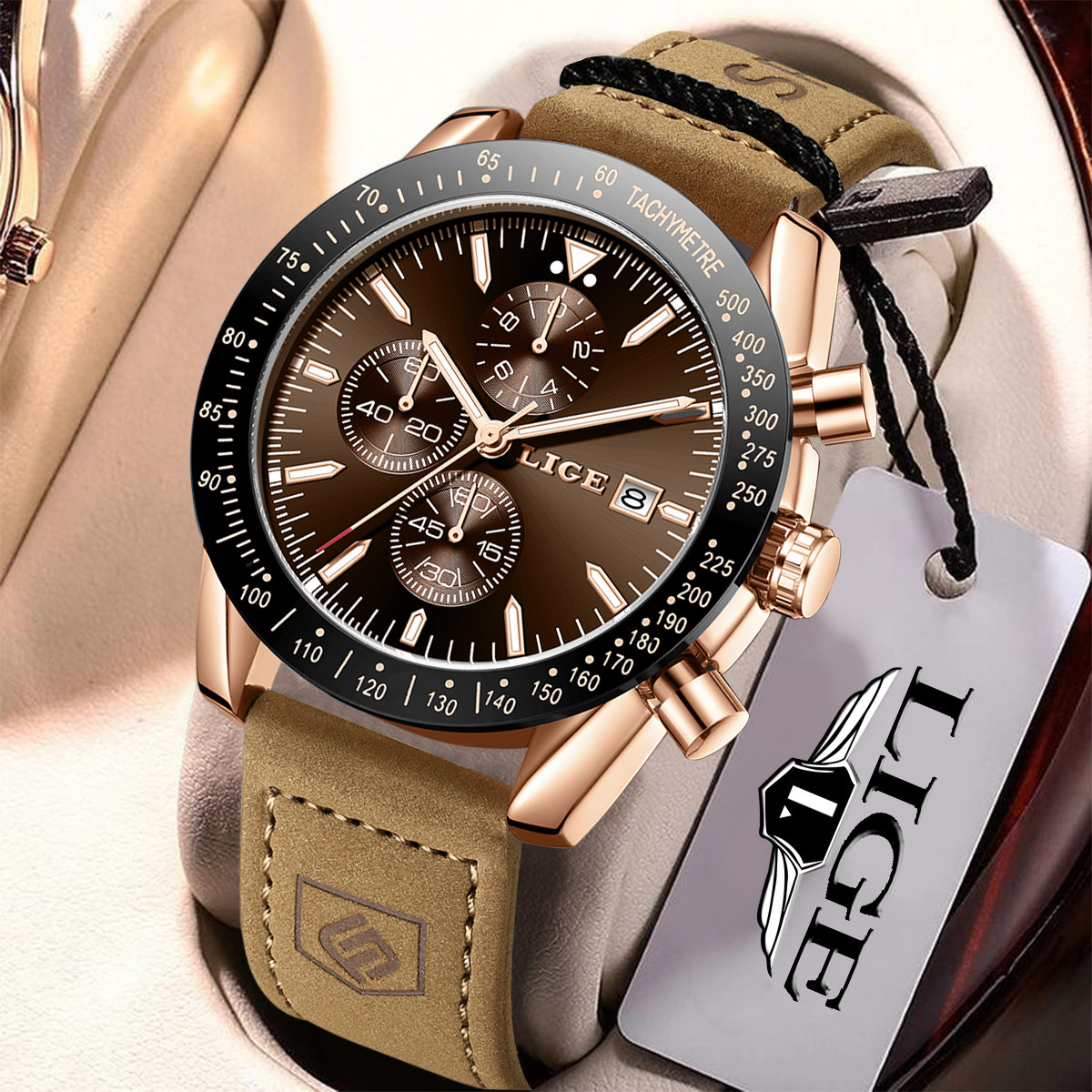 Luxury Watch Business - LIGE นาฬิกาหนังผู้ชายแฟชั่นธุรกิจ 30M กันน้ำนาฬิกาข้อมือควอตซ์โครโนกราฟวันที่หรูหราส่องสว่างกีฬานาฬิกาผู้ชาย + กล่อง