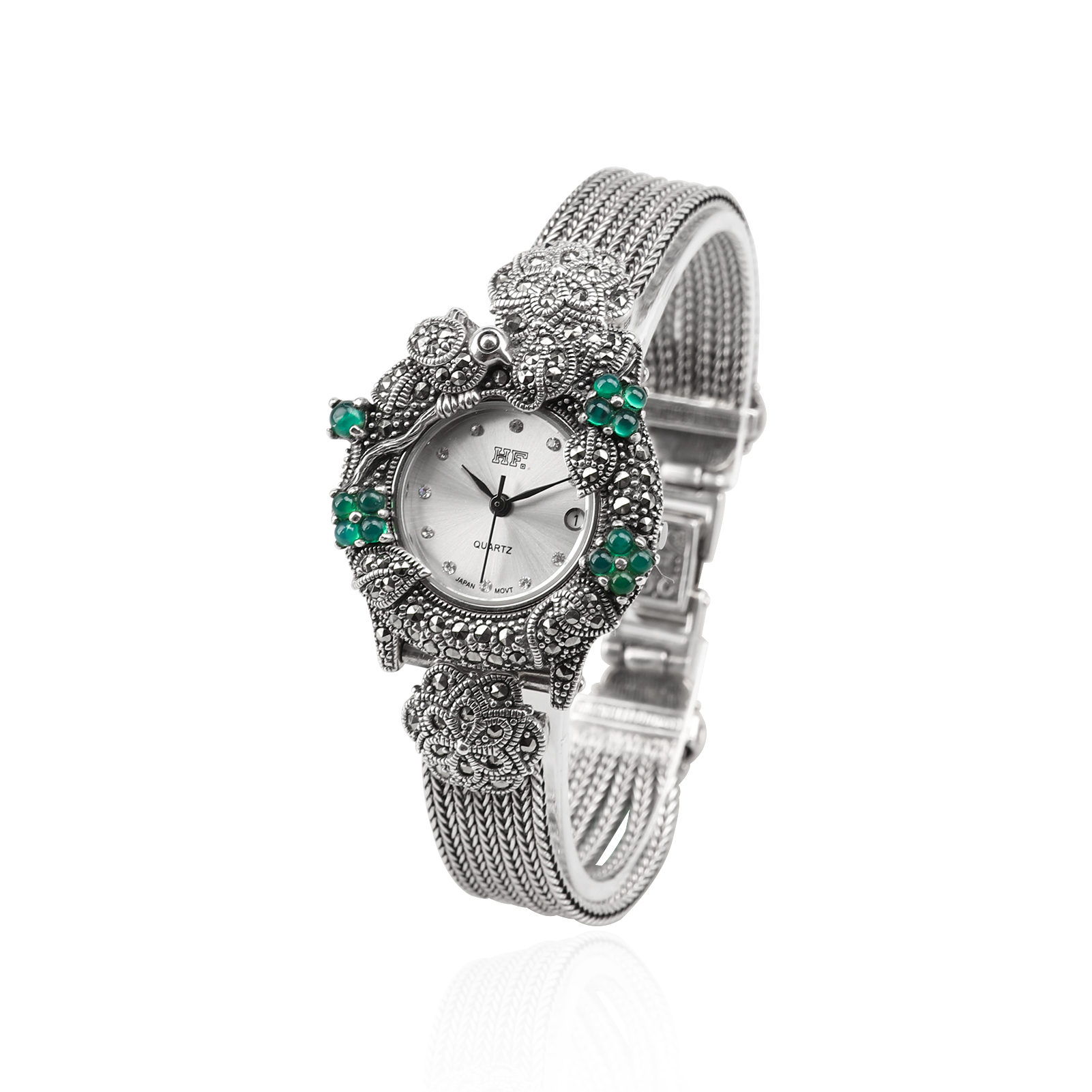 Luxury Watch Thailand - นาฬิกาข้อมือหรูหราทำจากเงินแท้ 925 ของไทย ประดับด้วยมาร์คาไซต์และหยกเขียว พร้อมสายข้อมือแบบลายข้าวสาลี นาฬิกาควอตซ์สำหรับผู้หญิง