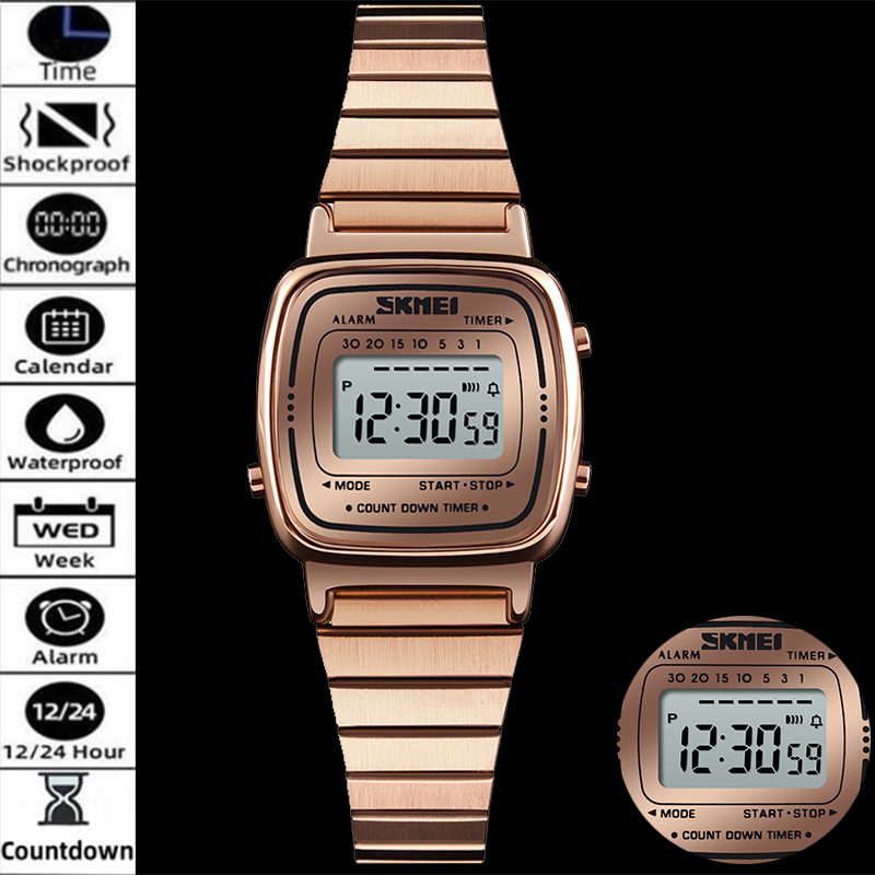Perpetual Calendar Watch - นาฬิกาข้อมือดิจิตอลสำหรับผู้หญิง Skmei สายสแตนเลสสตีลหรูหรา หน้าปัดกระจกมิเนอรัล กันน้ำ 30