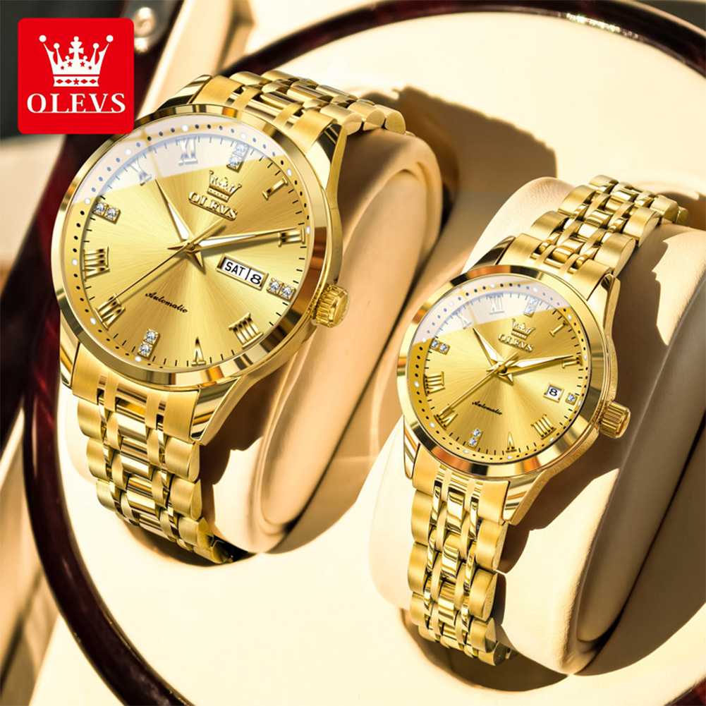 Luxury Watch All Brands - OLEVS นาฬิกาคู่แบรนด์หรูทองทั้งหมดนาฬิกากลไกอัตโนมัติ Elegant โรแมนติกวันที่ชุดผู้ชายผู้หญิงสร้อยข้อมือนาฬิกาคู่