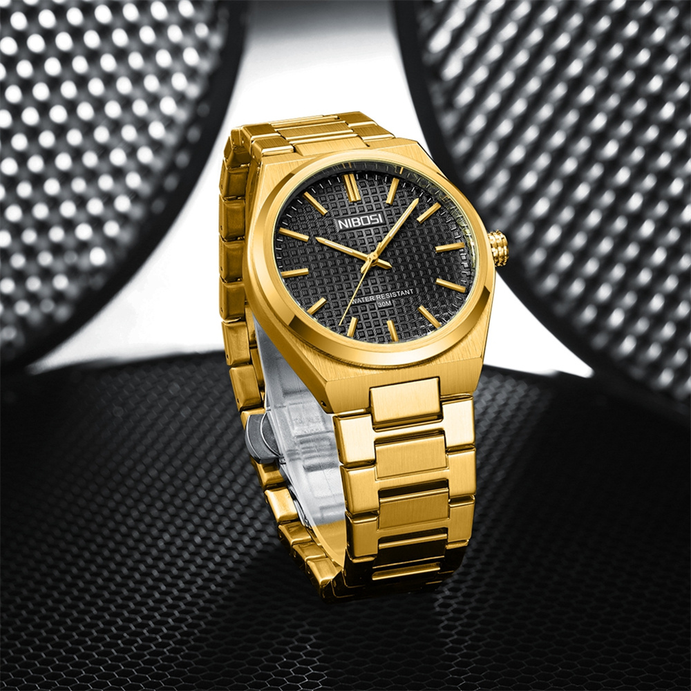 Luxury Watch Gold And Black - ผู้ชายแบรนด์หรูนาฬิกาทองสีดํายี่ห้อ NIBOSI นาฬิกาสแตนเลสสตีลควอตซ์นาฬิกาข้อมือ Auto วันที่นาฬิกาชาย Relogio