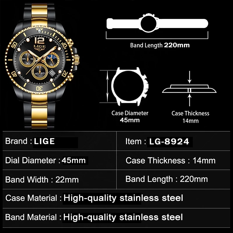 LIGE แฟชั่นสีดำนาฬิกาแบรนด์หรู - Luxury Watch Gold And Black บทวิจารณ์และราคา